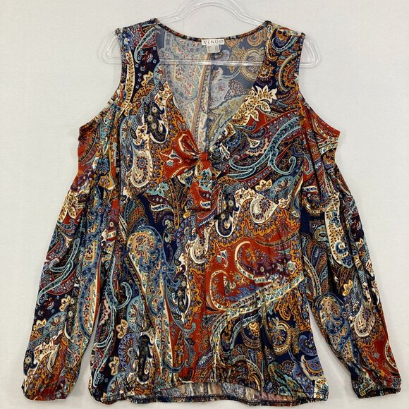 Venus size XL Multi Color Boho Pattern Cold Shoulder Stretch Blouse Festival - Picture 1 of 11